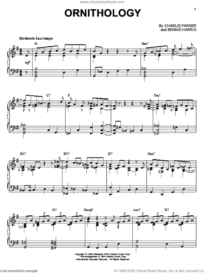 Ornithology sheet music for piano solo (PDF) v2