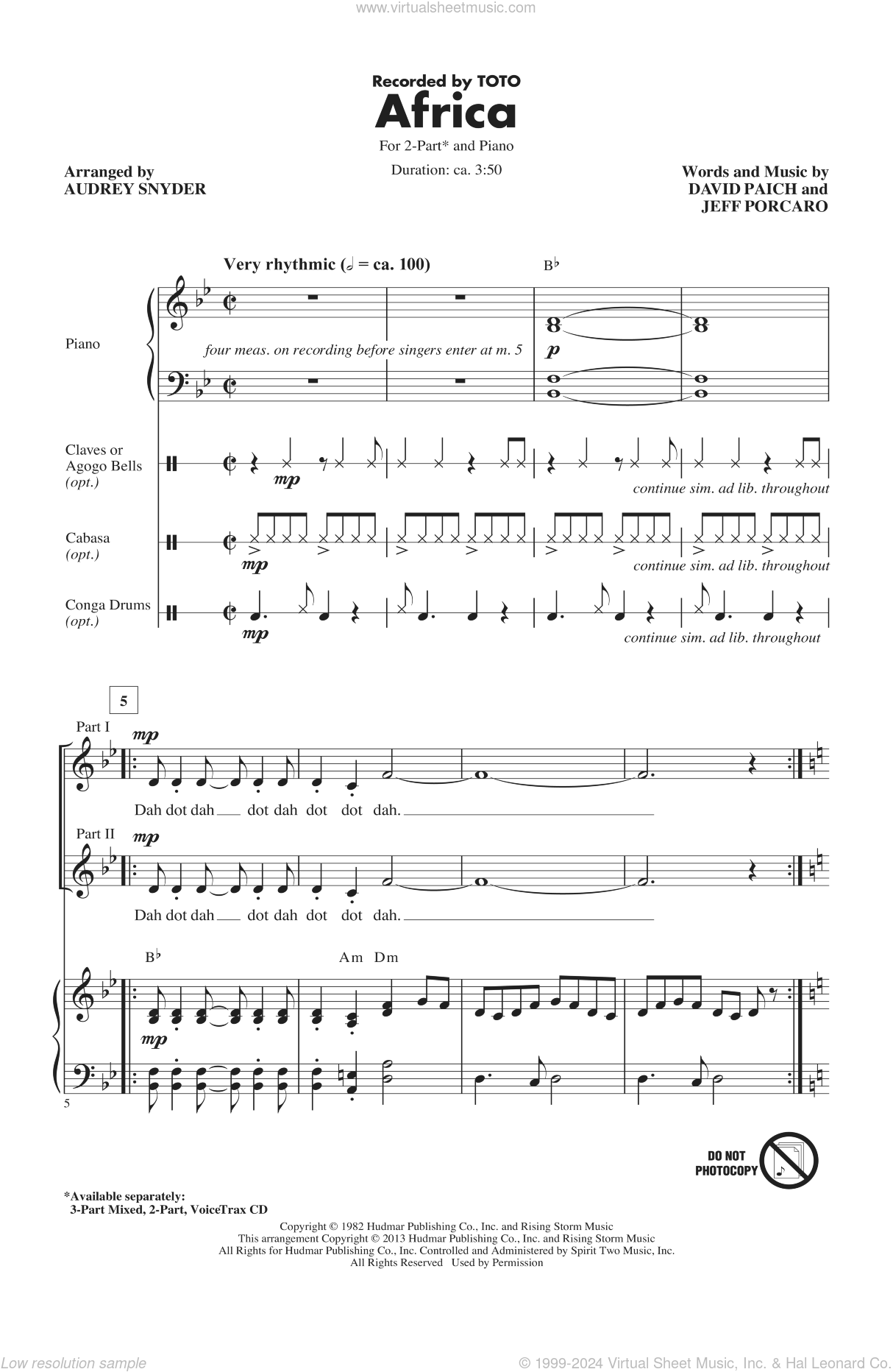 Africa (arr. Audrey Snyder) sheet music for choir (2-Part) (PDF)