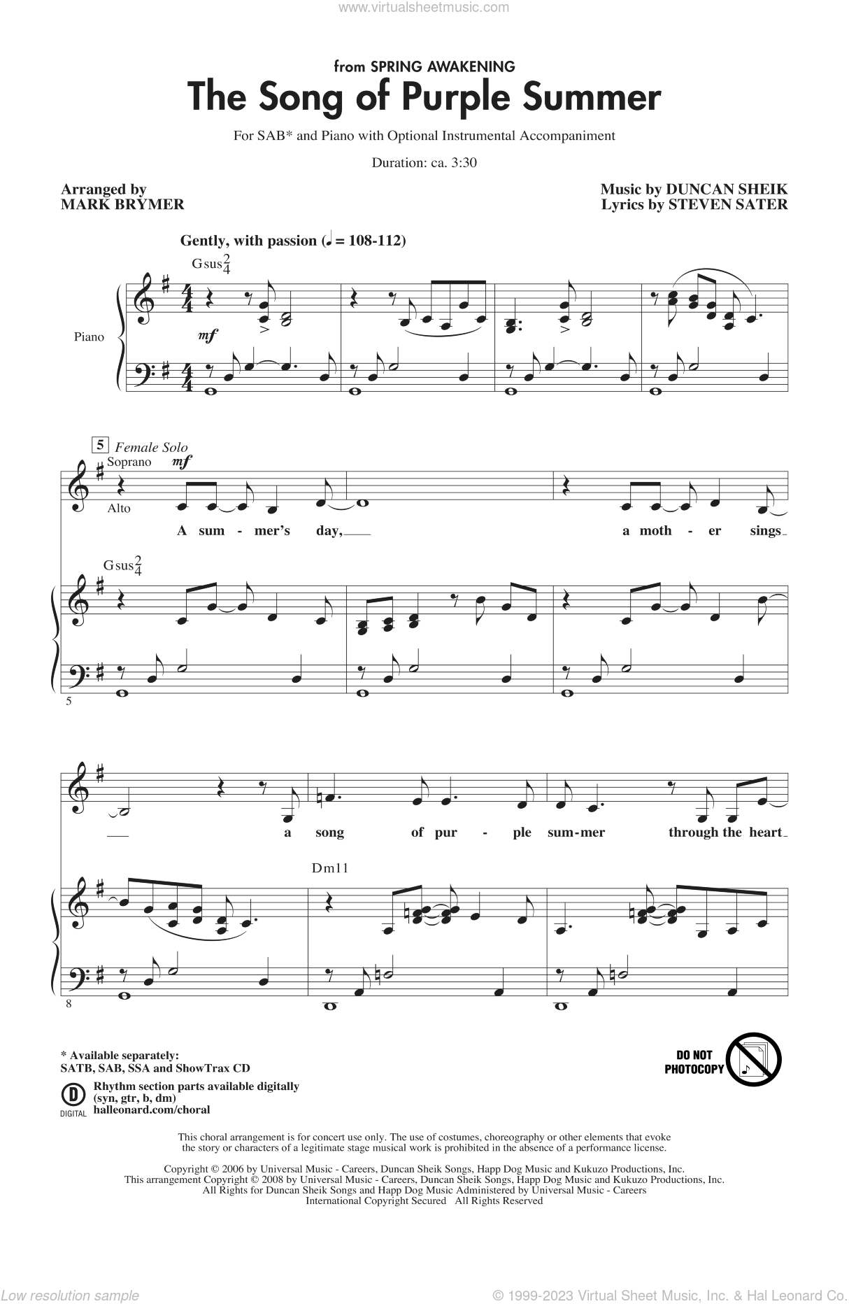 the song of purple summer sheet music