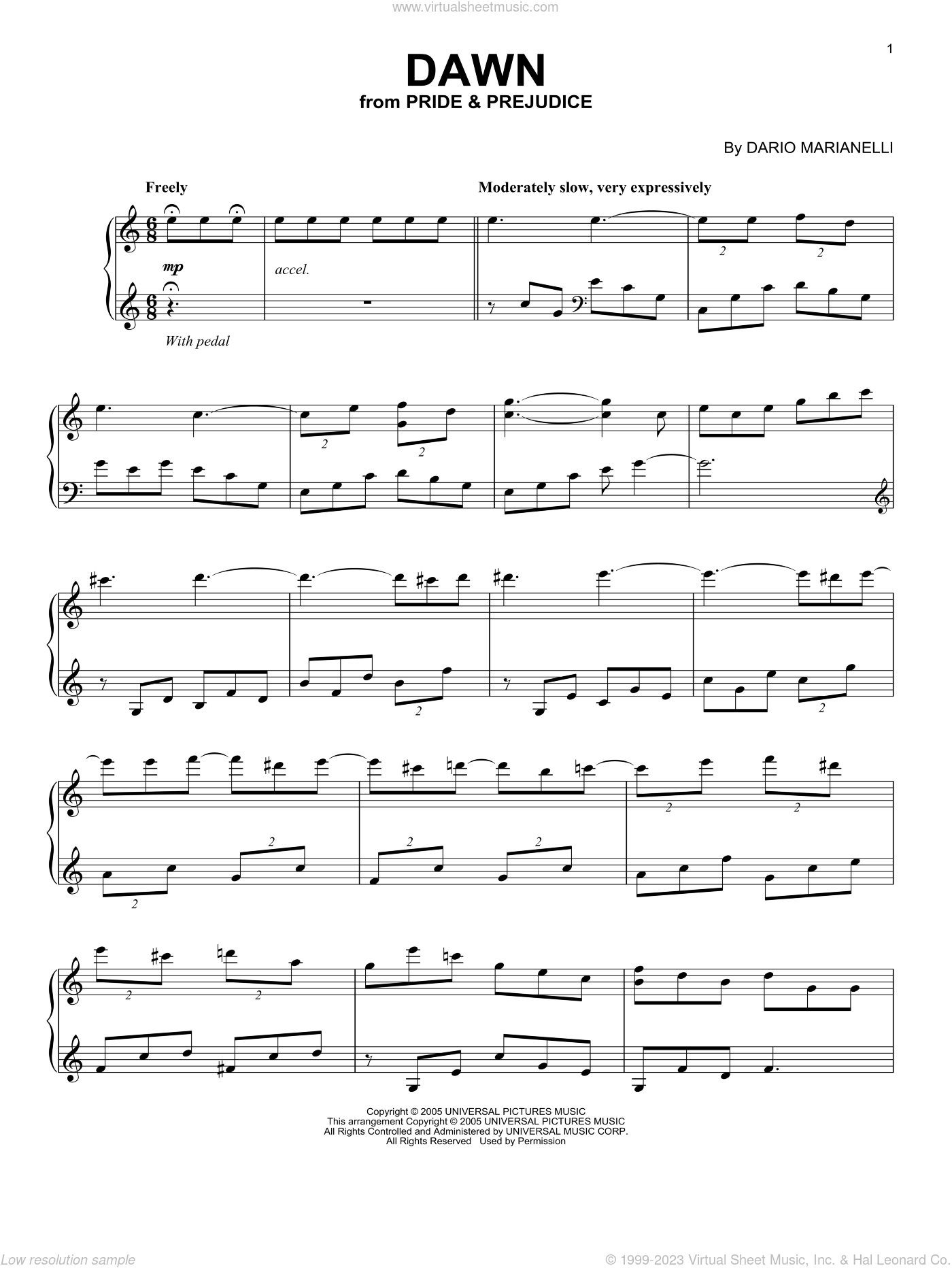 Dawn (from Pride And Prejudice) sheet music for piano solo by Dario Marianelli and Pride & Prejudice (Movie), intermediate skill level