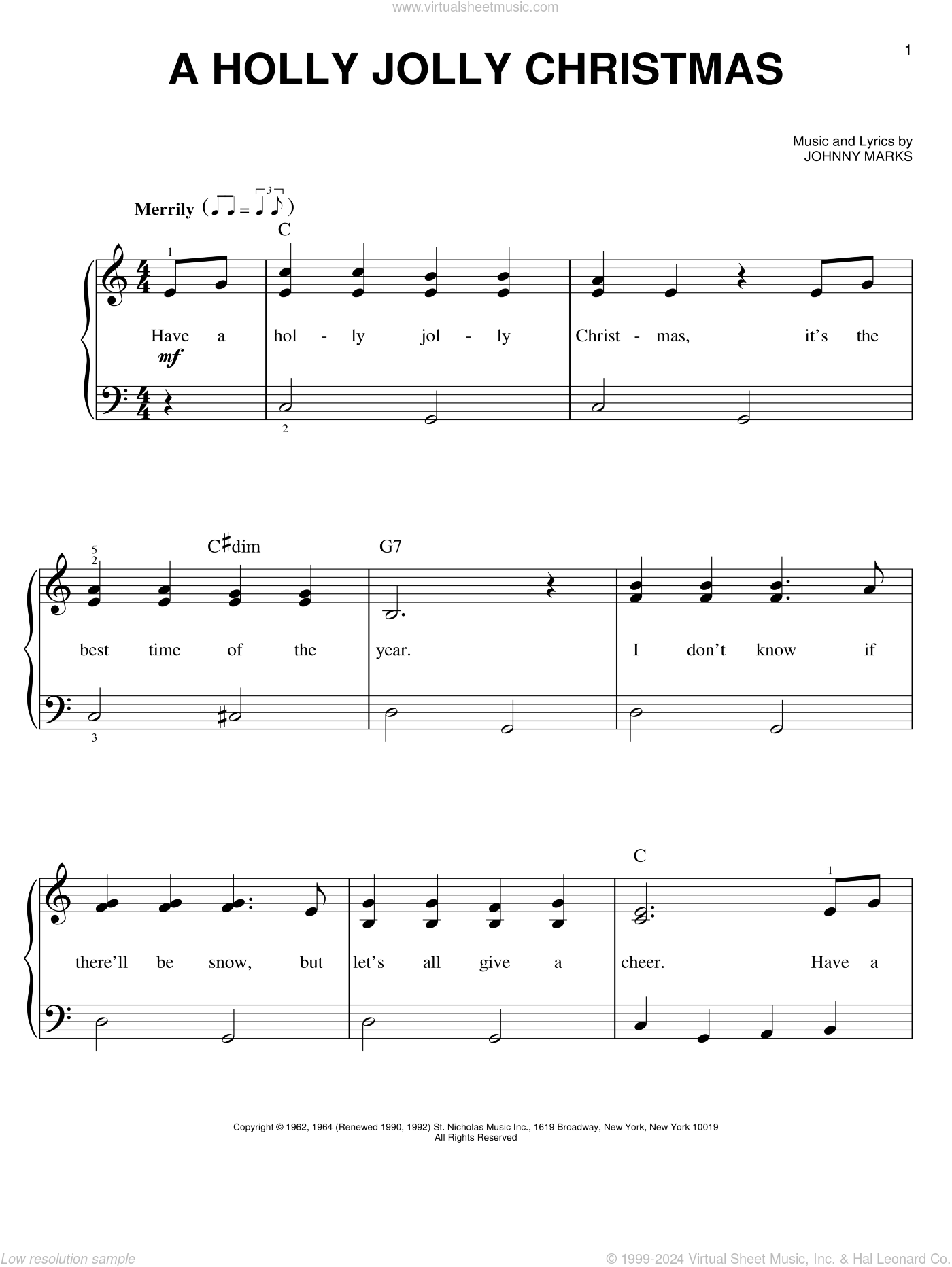 Marks - A Holly Jolly Christmas, (beginner) Sheet Music For Piano Solo