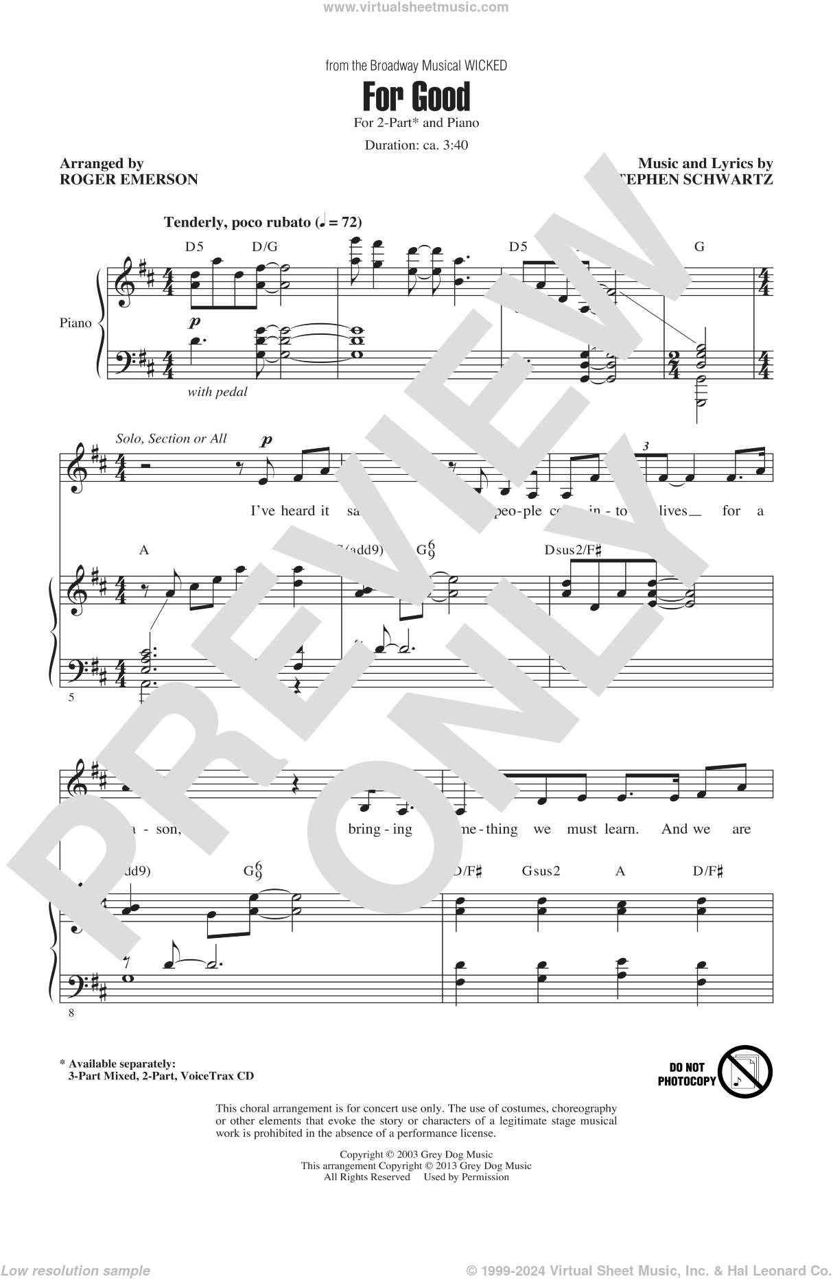 Schwartz - For Good (from Wicked) (arr. Roger Emerson) sheet music for ...