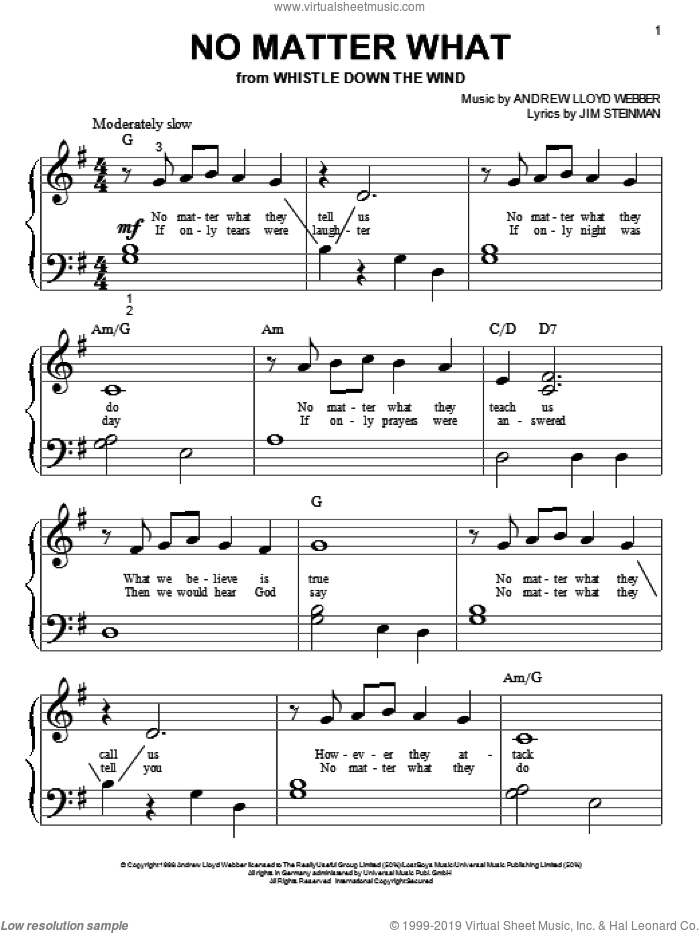 No Matter What sheet music for piano solo (big note book) (PDF)