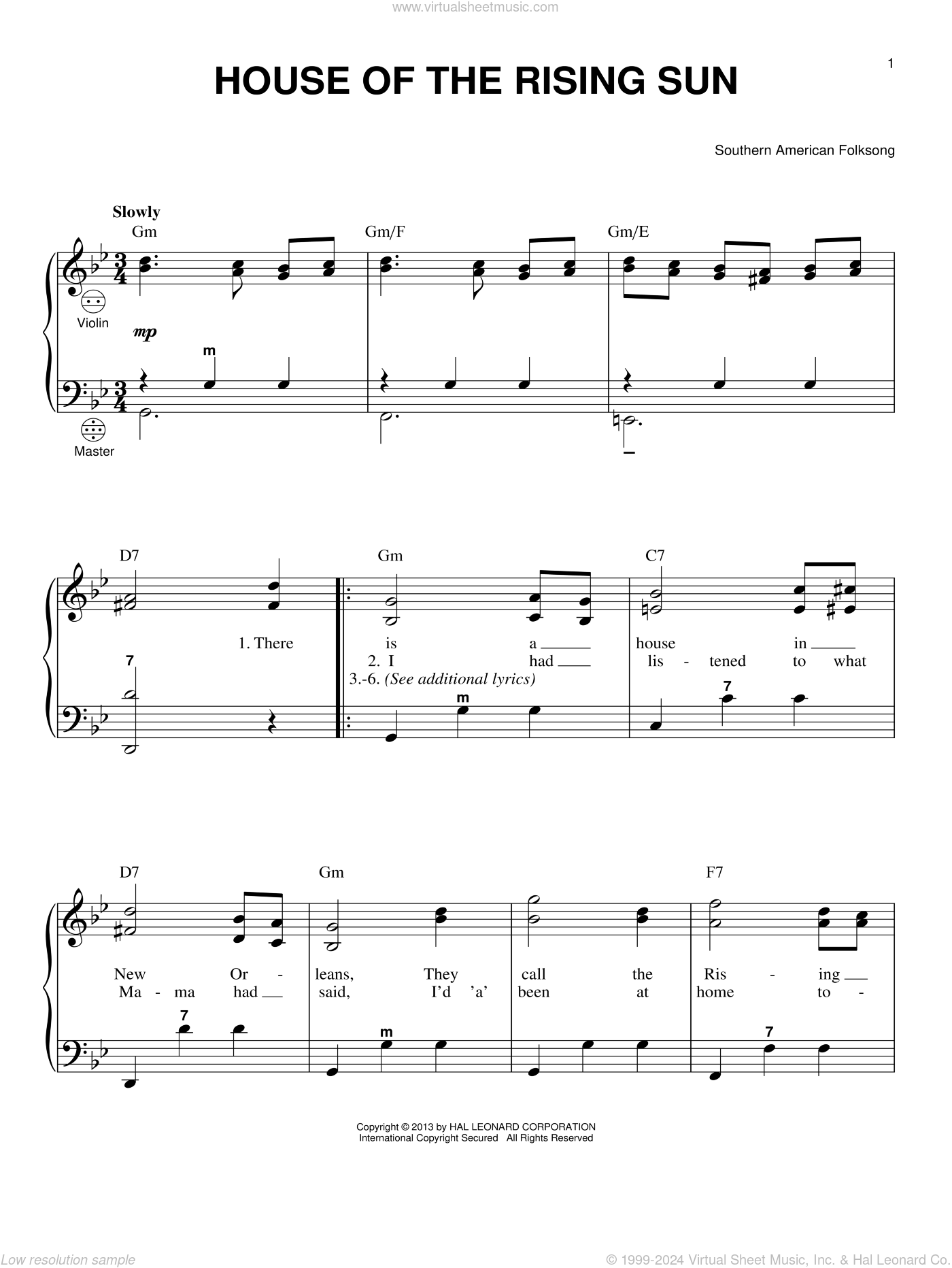 House Of The Rising Sun sheet music for guitar (chords) (PDF)