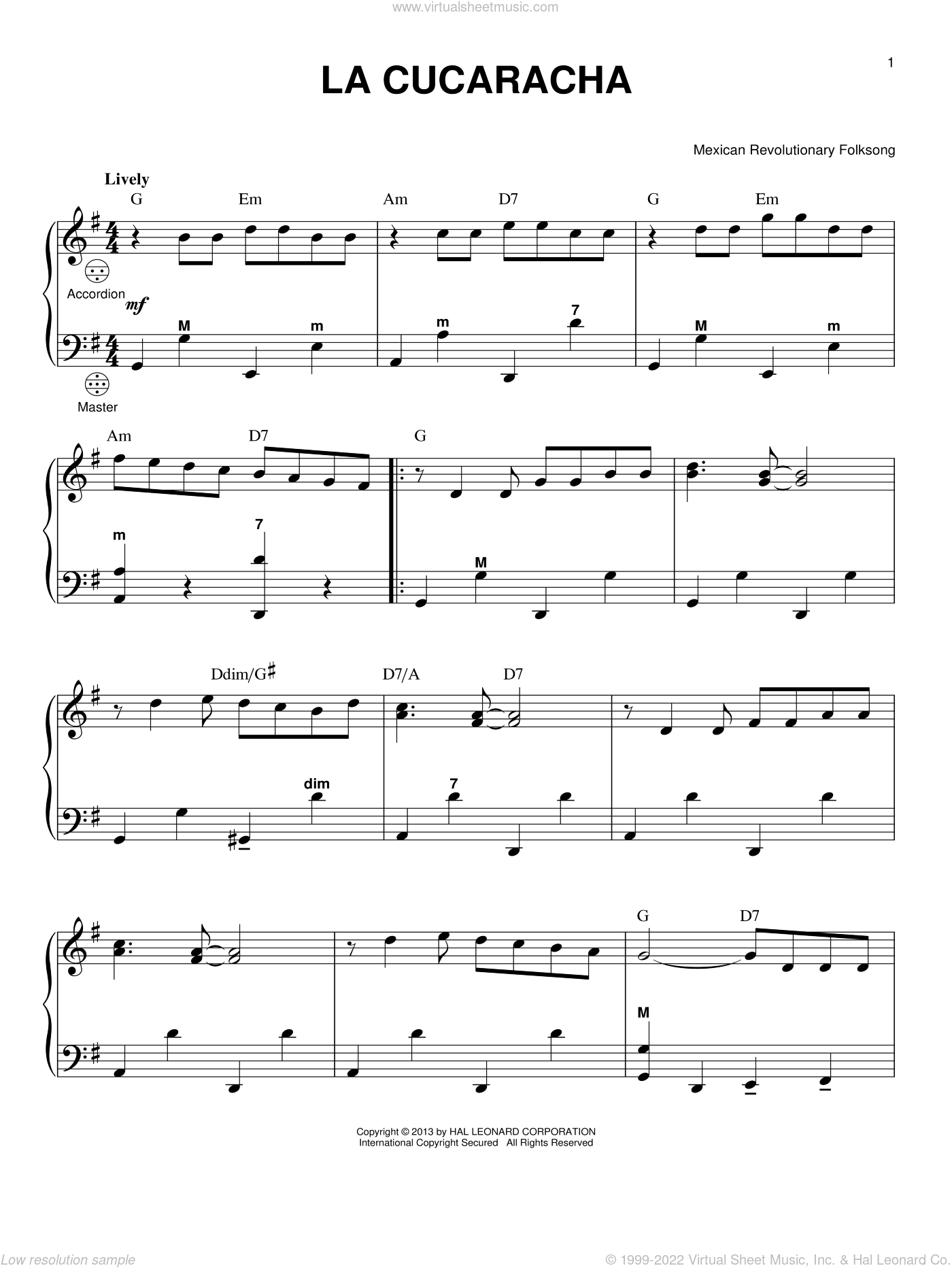 La Cucaracha sheet music for accordion (PDF)