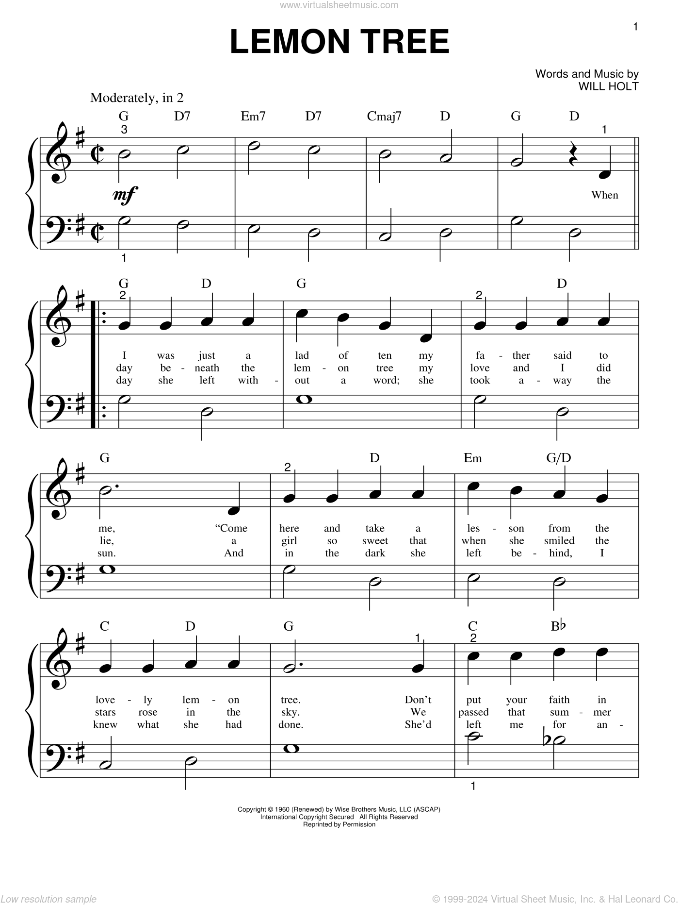 Lemon Tree sheet music for piano solo (big note book) (PDF)