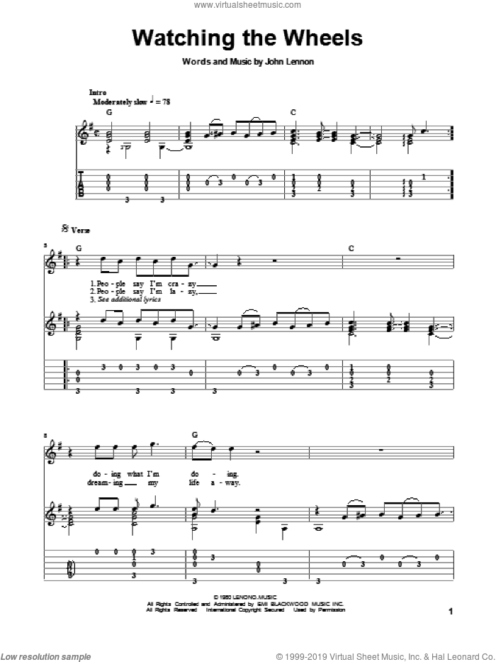 Watching The Wheels sheet music for guitar solo (PDF)