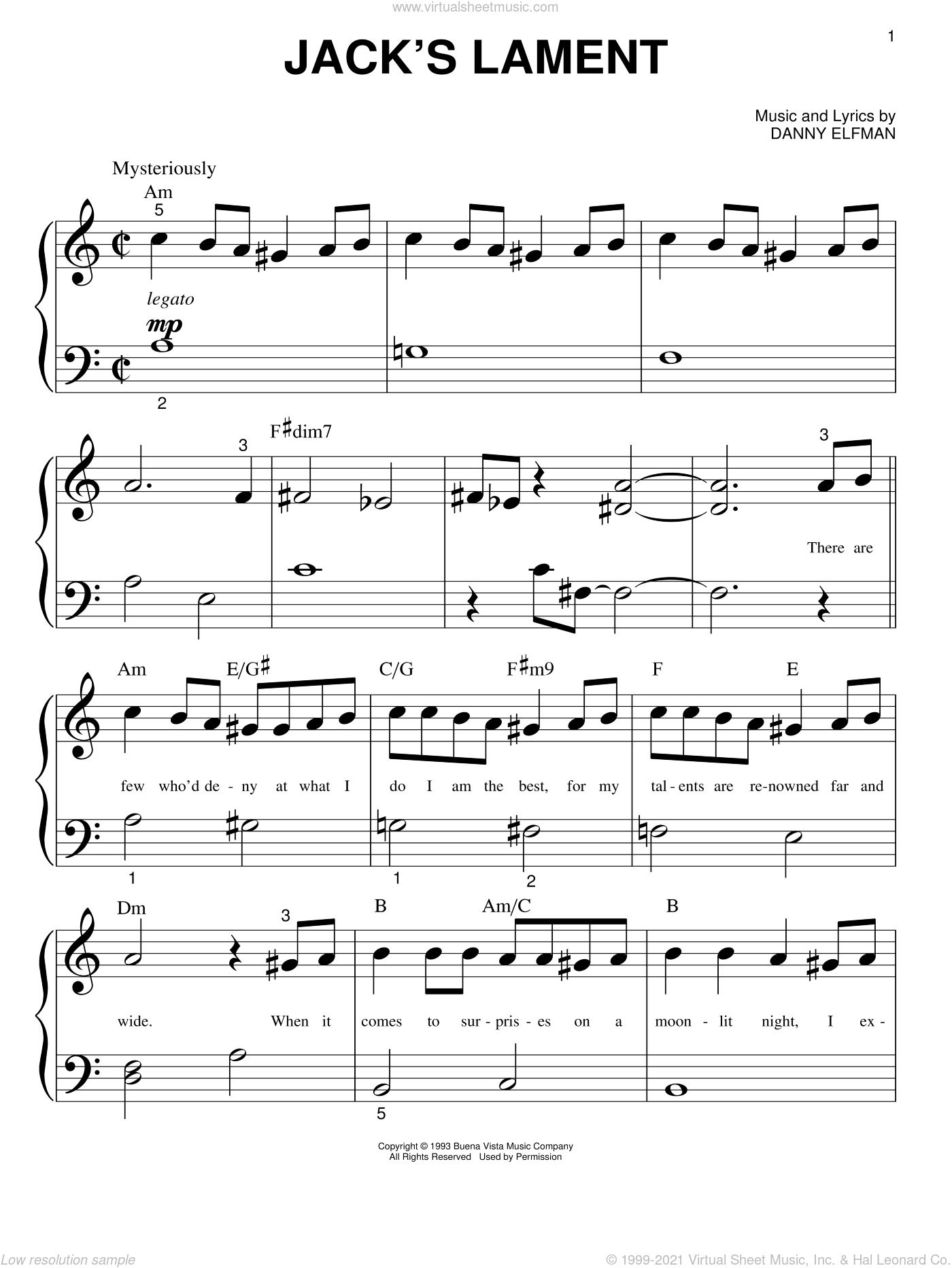 Elfman - Jack's Lament (from The Nightmare Before Christmas) sheet music for piano solo (big ...