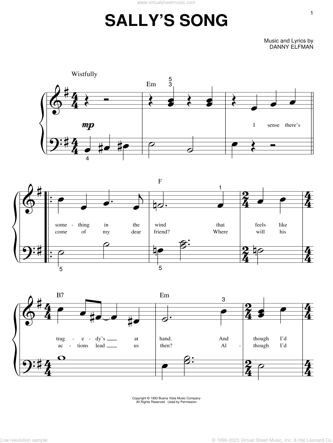 Elfman - Sally's Song (from The Nightmare Before Christmas) sheet music for piano solo (big note ...