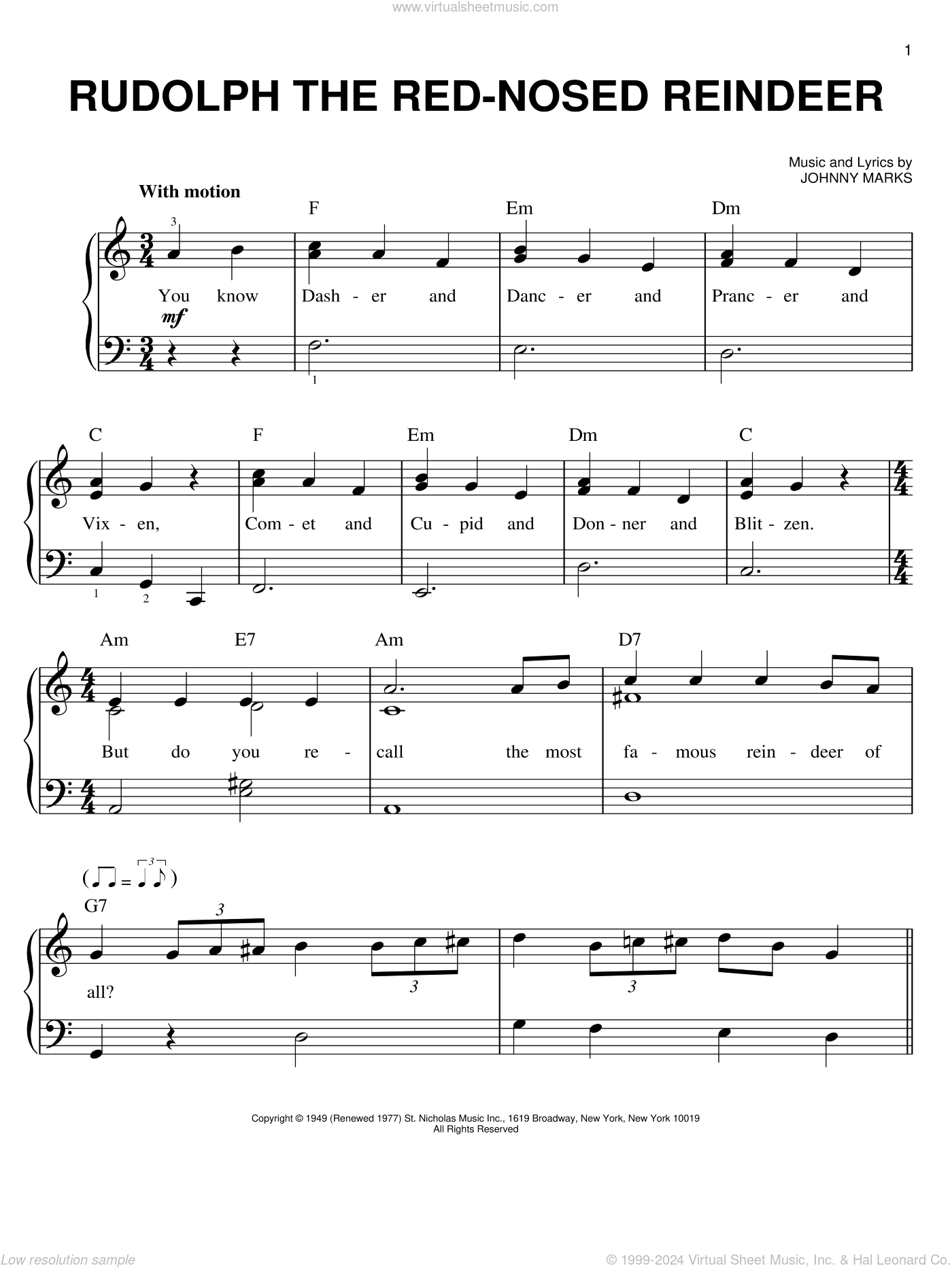 Rudolph The RedNosed Reindeer, (easy) sheet music for piano solo