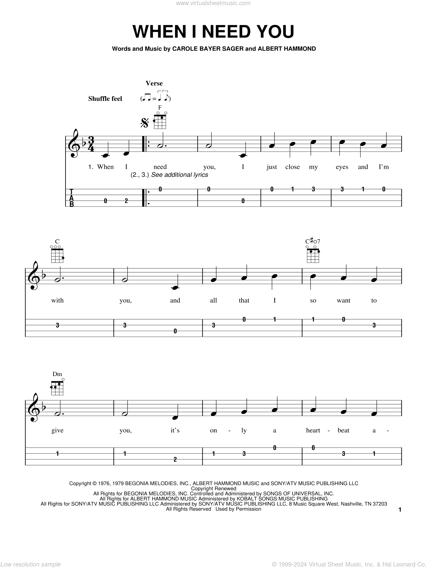 Sayer - When I Need You sheet music for ukulele (easy tablature ...