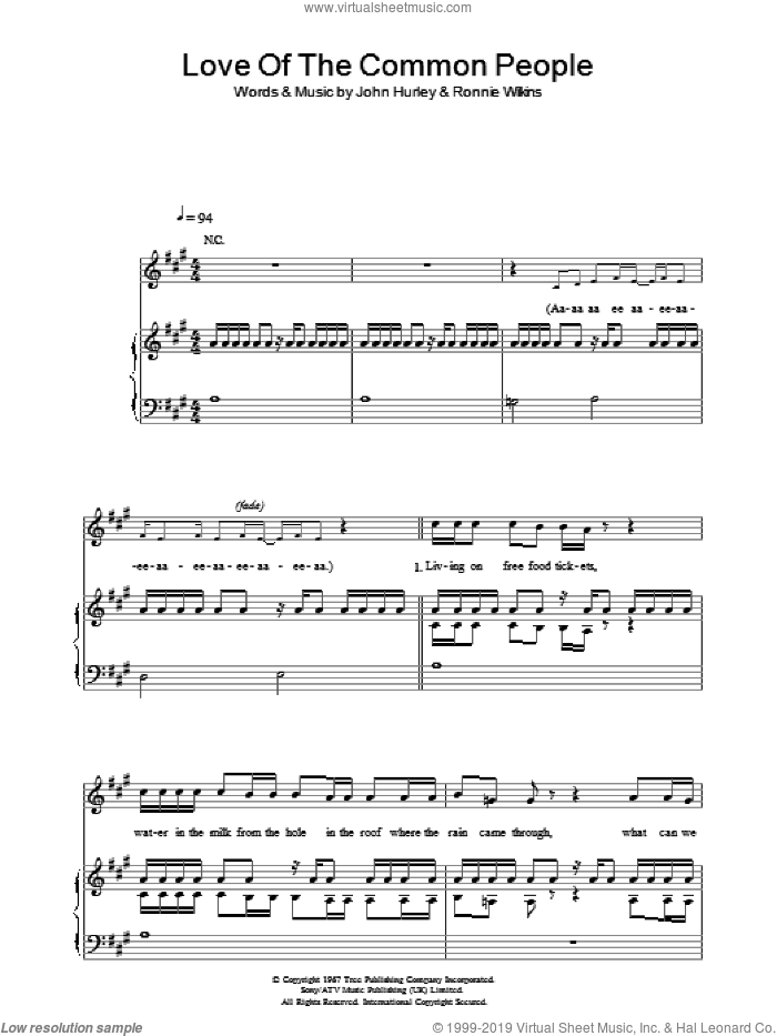 Young Love Of The Common People Sheet Music For Voice Piano