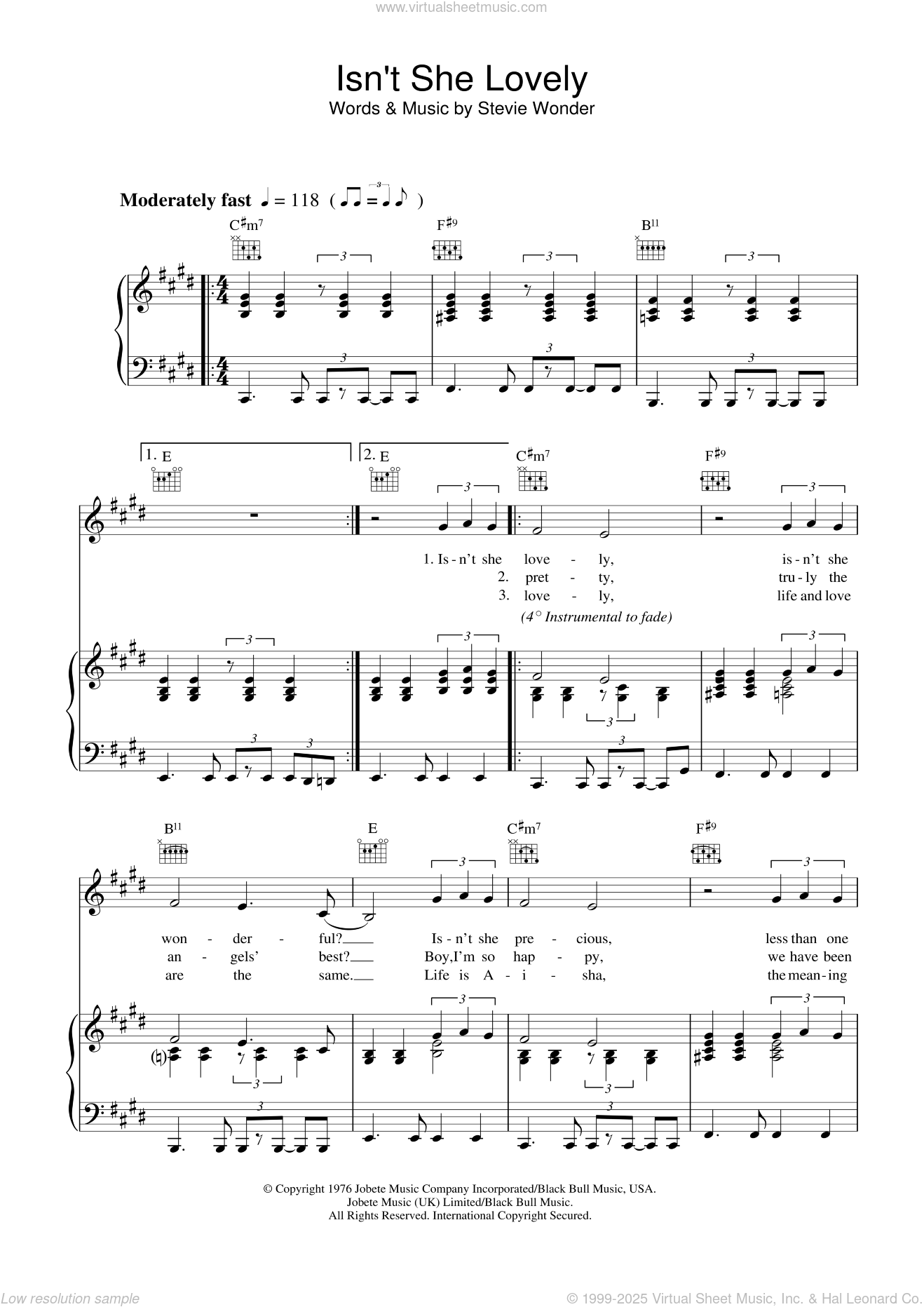 Wonder - Isn't She Lovely sheet music for voice, piano or guitar