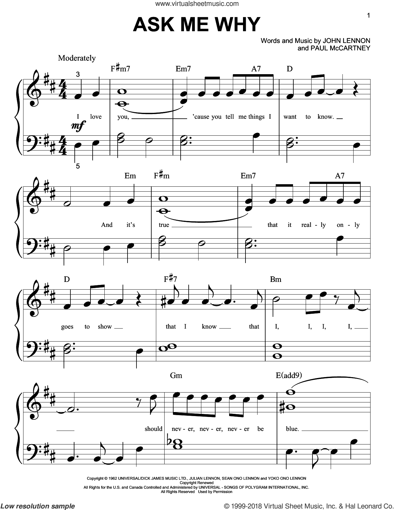 Ask Me Why sheet music for piano solo (big note book) (PDF)