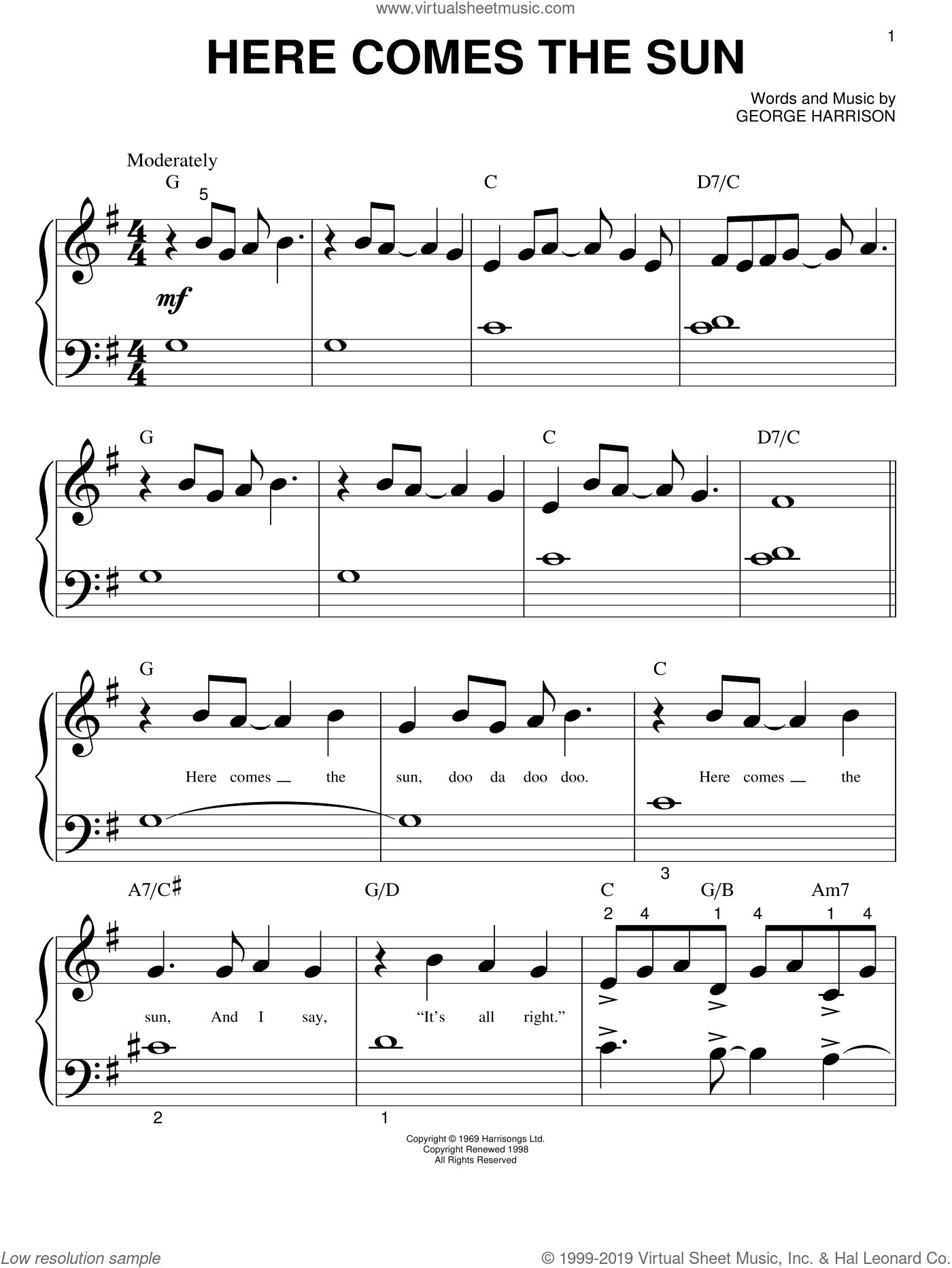 Beatles - Here Comes The Sun sheet music for piano solo (big note book)