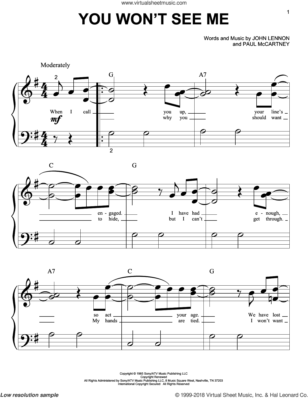 You Won't See Me sheet music for piano solo (big note book) (PDF)