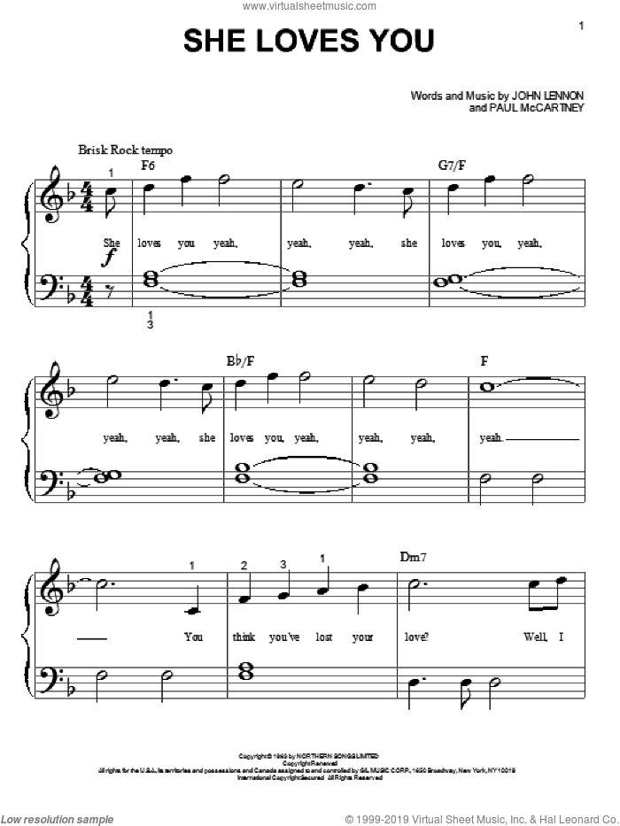 She Loves You sheet music for piano solo (big note book) (PDF)