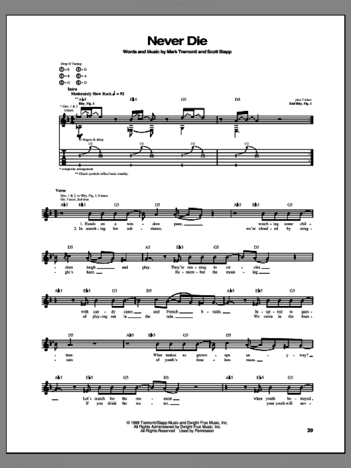 Free sheet music preview of Never Die for guitar (tablature) by Creed.