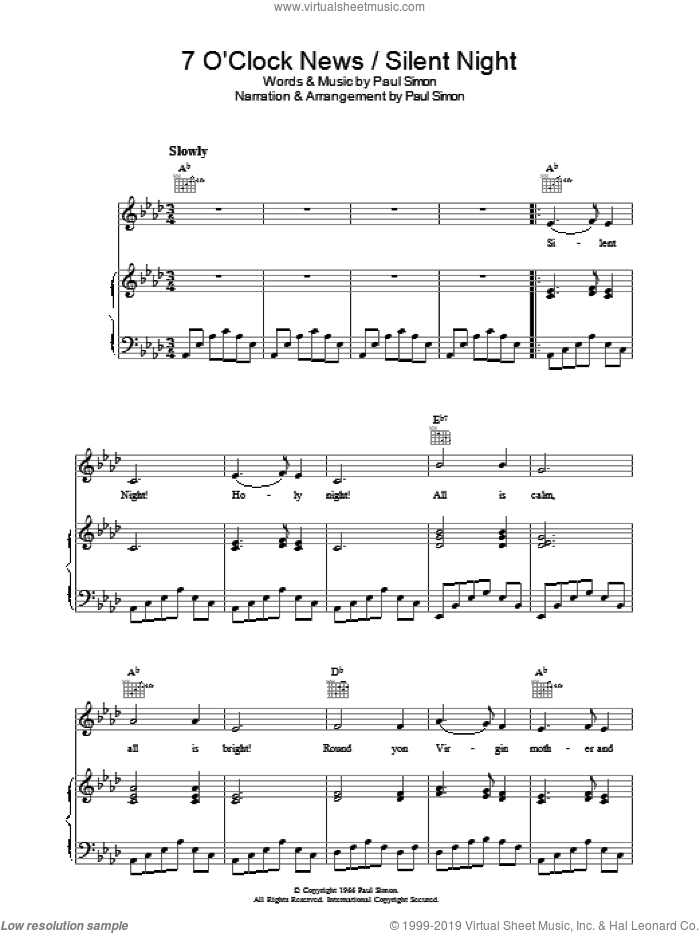 7 OClock Information/Peaceful Night time sheet new music for voice, piano or guitar picture regarding Silent Night Lyrics Printable named 7 OClock Information/Quiet Evening sheet new music for voice, piano or guitar
