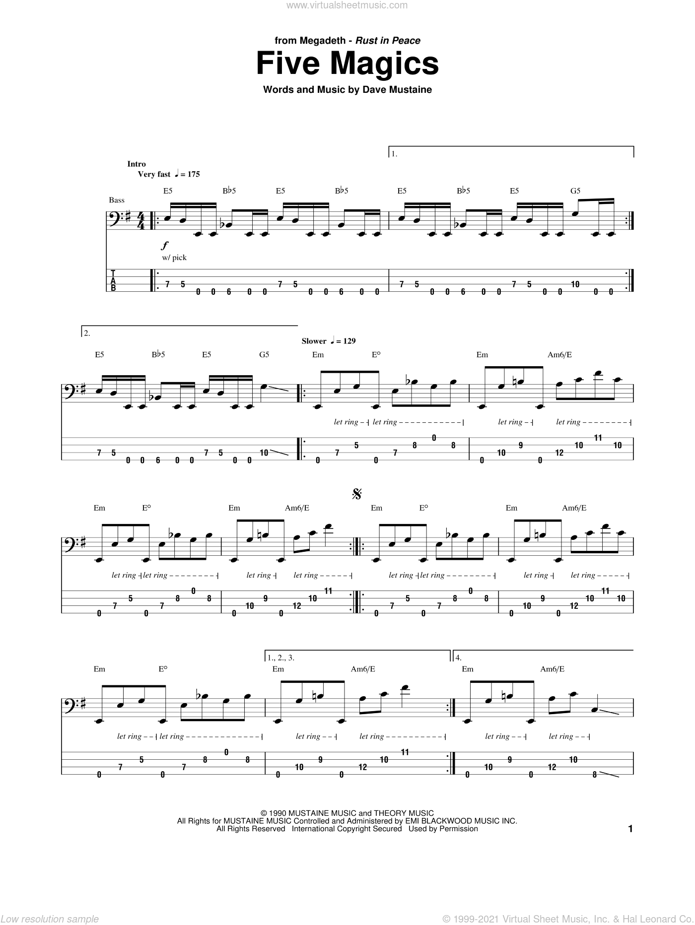 Megadeth Five Magics Sheet Music For Bass Tablature Bass Guitar
