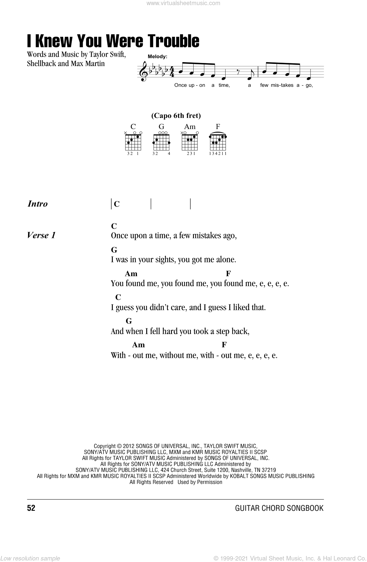 Swift I Knew You Were Trouble Sheet Music For Guitar Chords