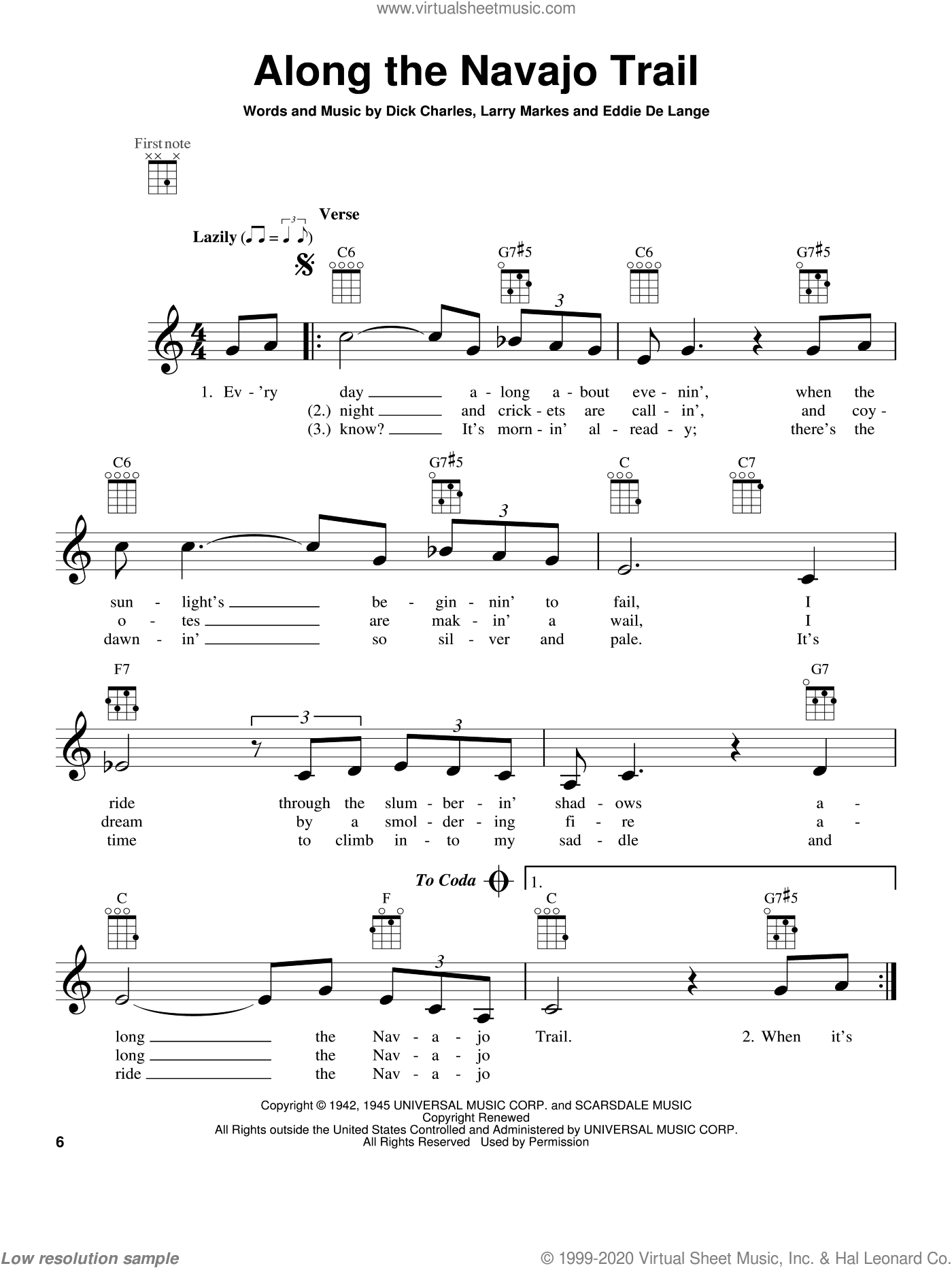 Along The Navajo Trail sheet music for ukulele (PDF-interactive)