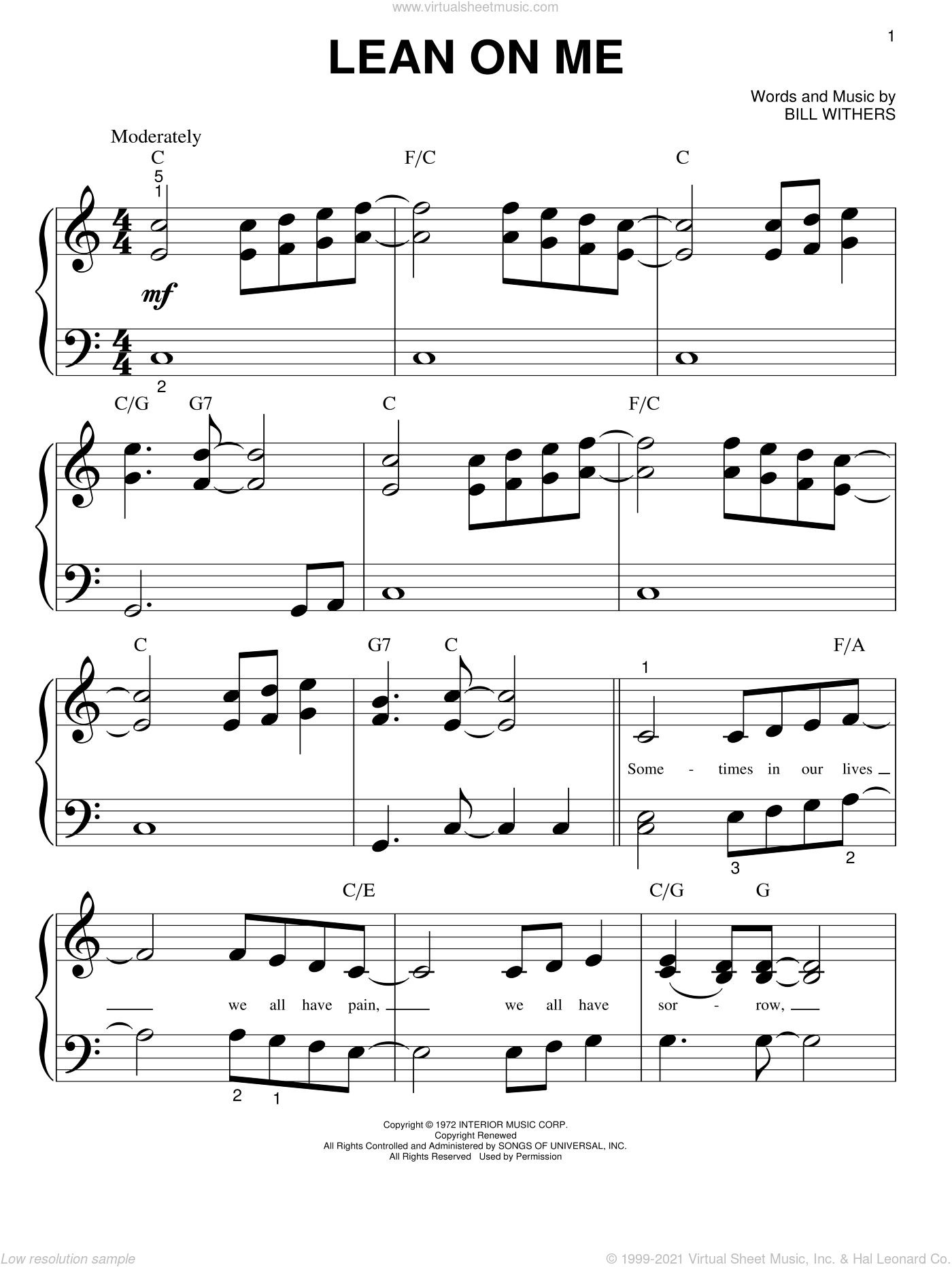 Withers - Lean On Me sheet music for piano solo (big note ...