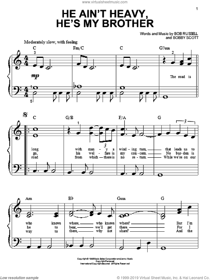 He Ain't Heavy, He's My Brother sheet music for piano solo (big note book)