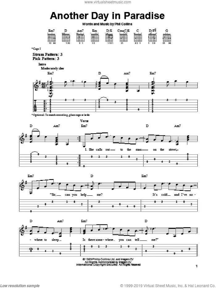 Another Day In Paradise Sheet Music By Phil Collins - Tenor Banjo Tabs