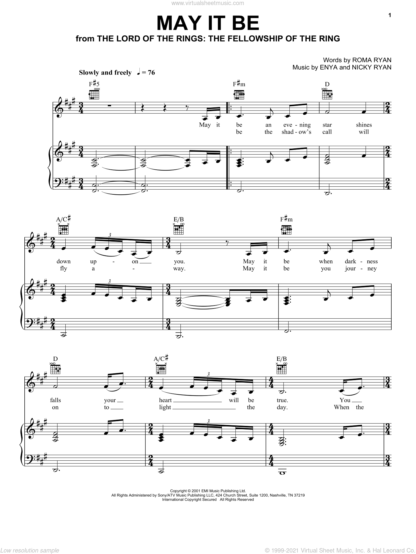energi Ekstrem fattigdom position May It Be (from Lord Of The Rings: The Fellowship Of The Ring) sheet music  for voice, piano or guitar