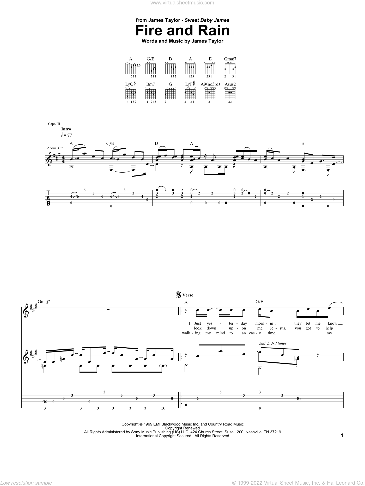 Taylor Fire And Rain Sheet Music For Guitar Tablature Pdf 