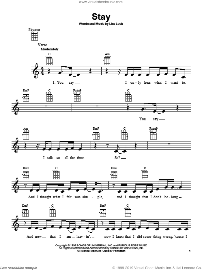 Stay sheet music for ukulele (PDF-interactive)