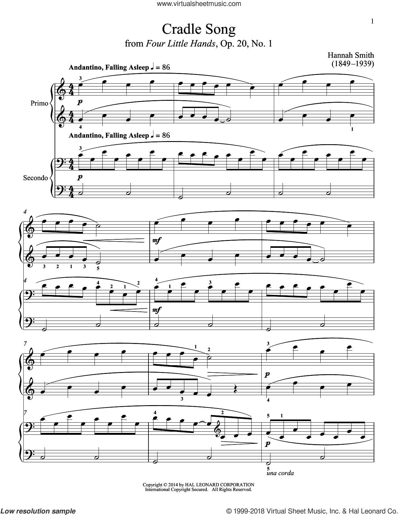 Cradle Song sheet music for piano four hands (PDF)