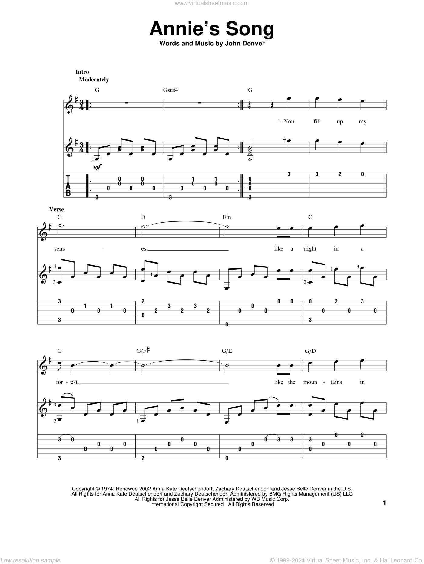 Annie's Song sheet music for guitar solo (PDF)