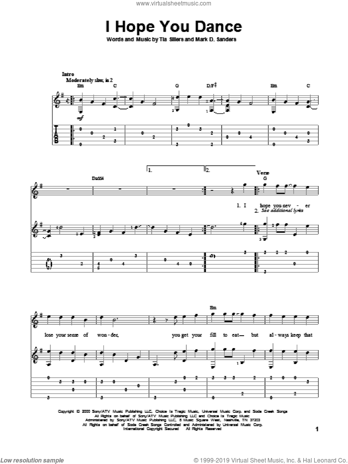 I Hope You Dance sheet music for guitar solo (PDF)