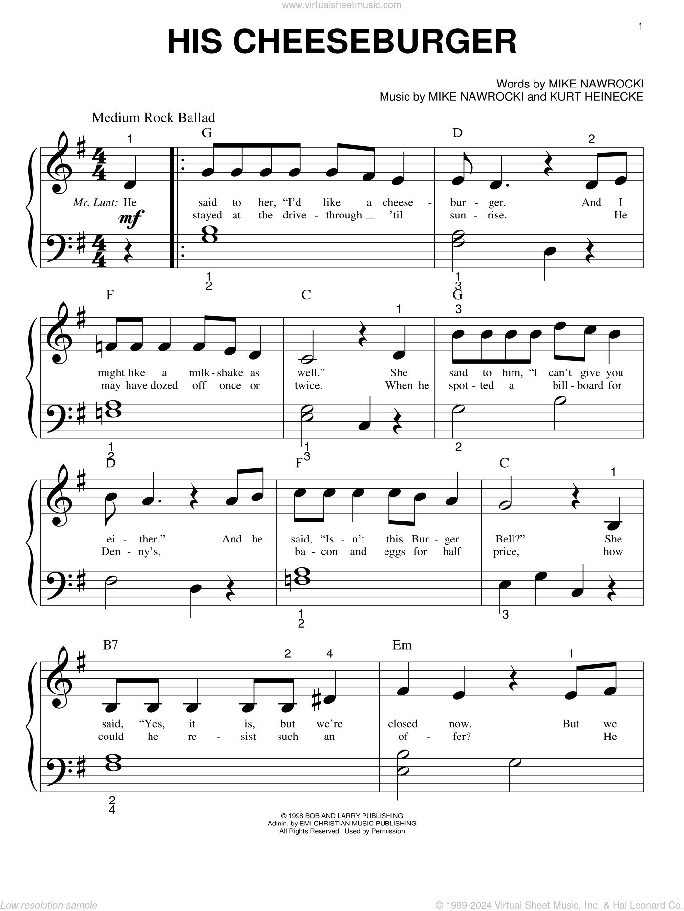 His Cheeseburger sheet music for piano solo (big note book) (PDF)