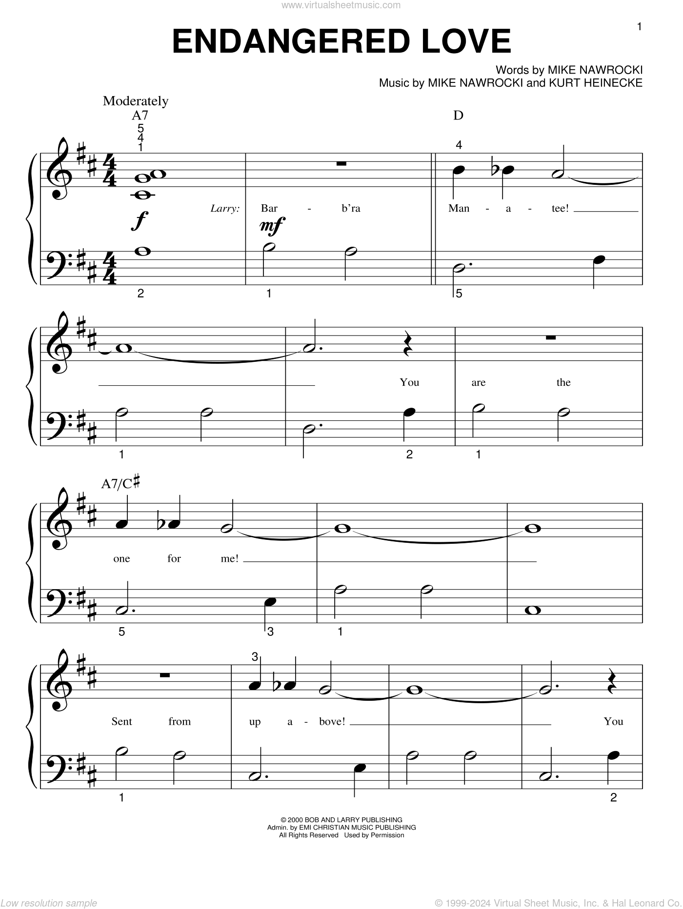 Endangered Love sheet music for piano solo (big note book) (PDF)