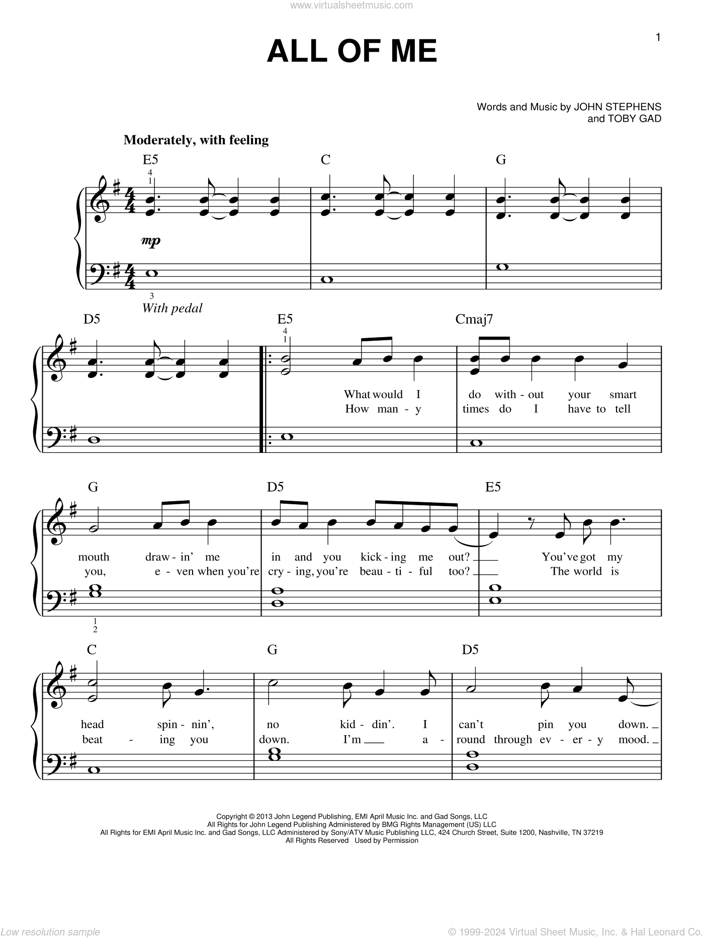 All Of Me, (beginner) sheet music for piano solo (PDF)