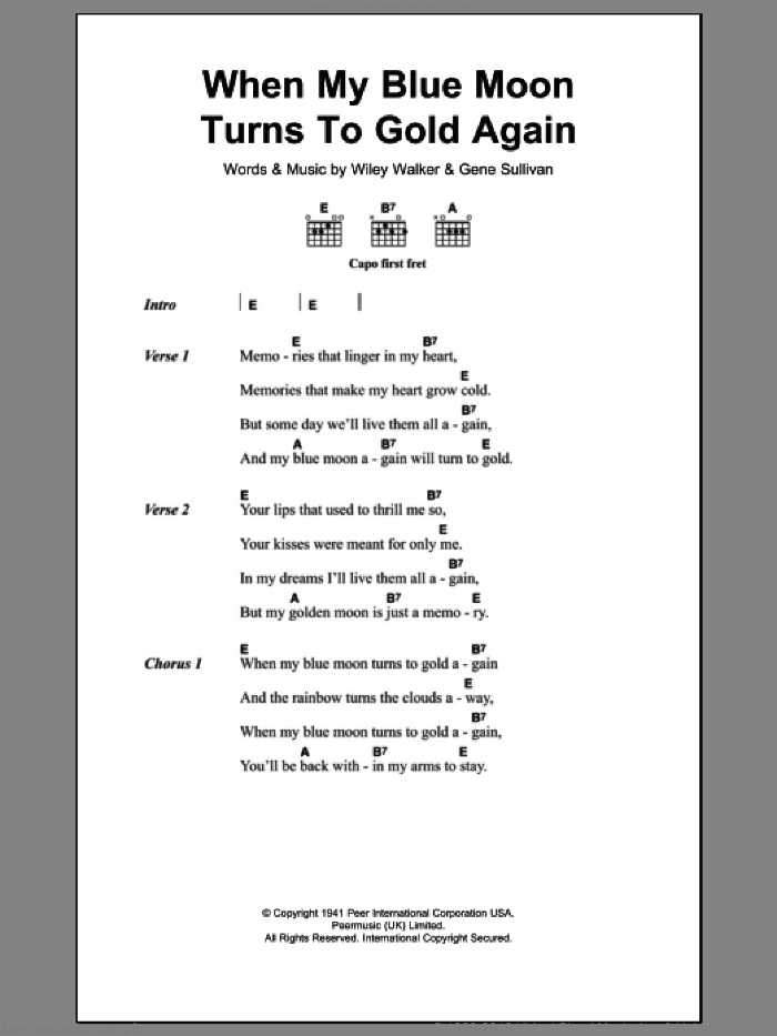 Presley When My Blue Moon Turns To Gold Again Sheet Music For