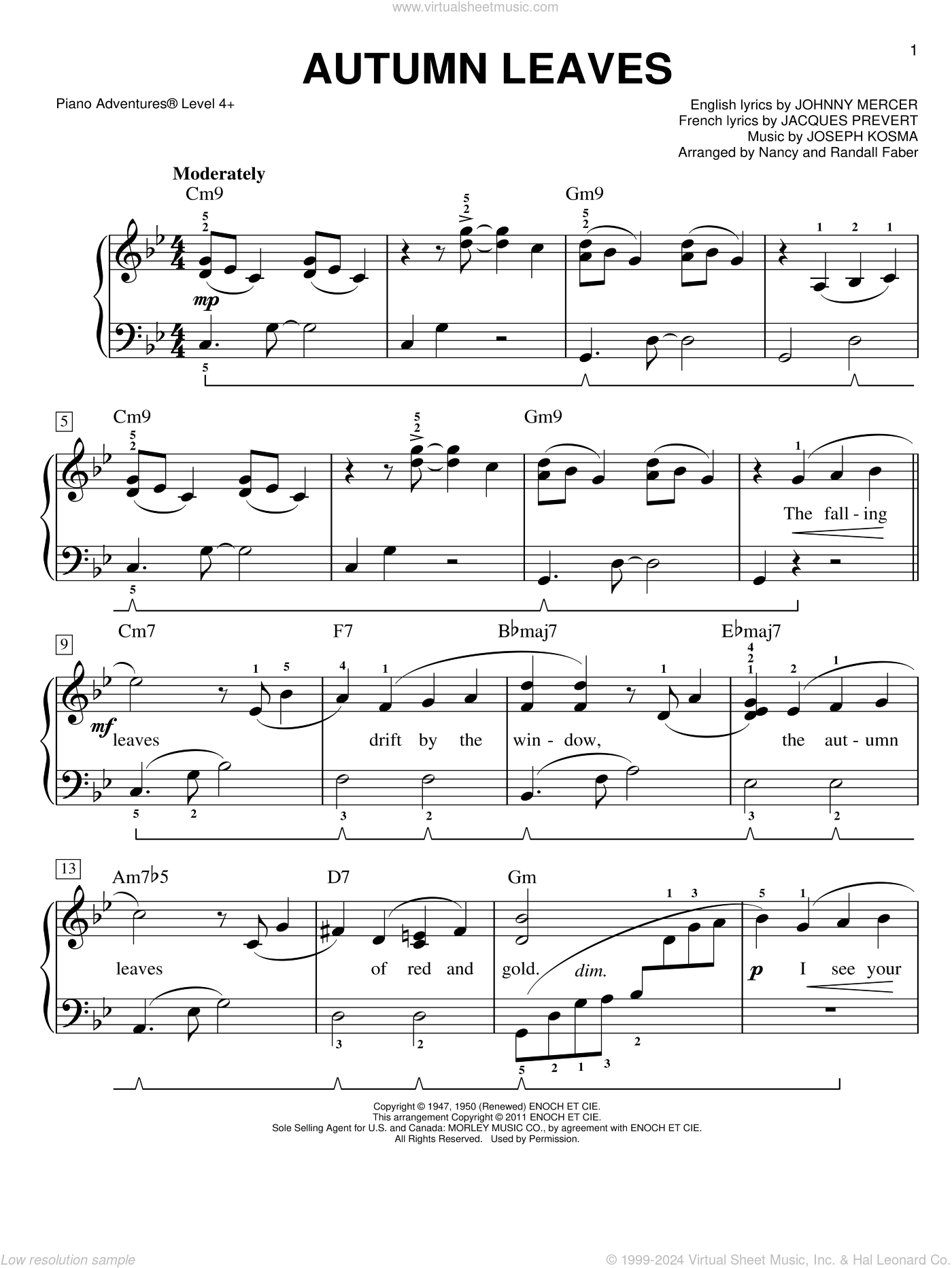 Mercer - Autumn Leaves sheet music for piano solo [PDF]