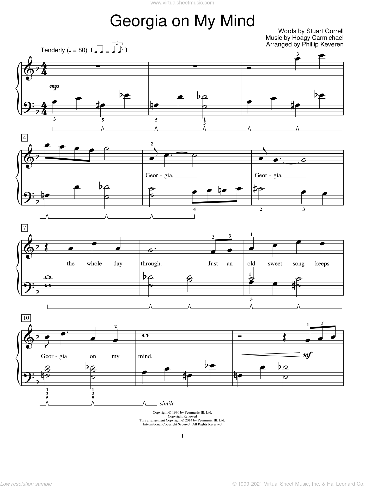 Carmichael Georgia On My Mind Sheet Music Beginner Version 2 For Piano Solo Elementary