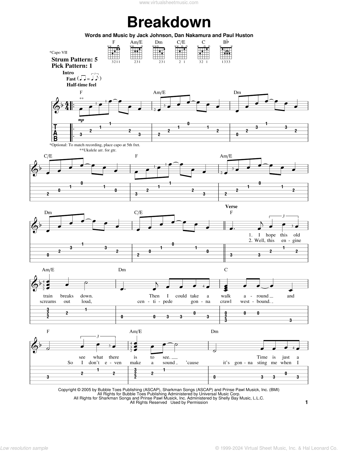 Jack Johnson: Breakdown sheet music for guitar solo (easy tablature)