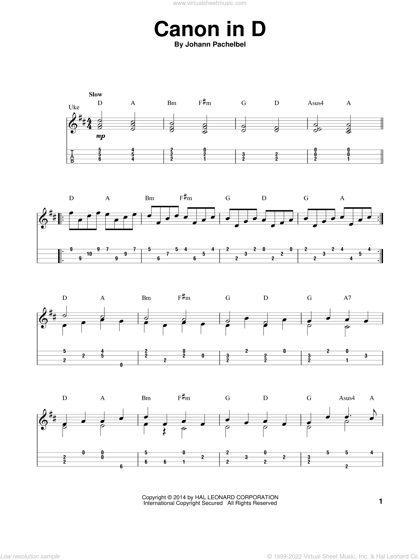 Canon In D Sheet Music For Ukulele (Easy Tablature) (Ukulele Easy Tab)