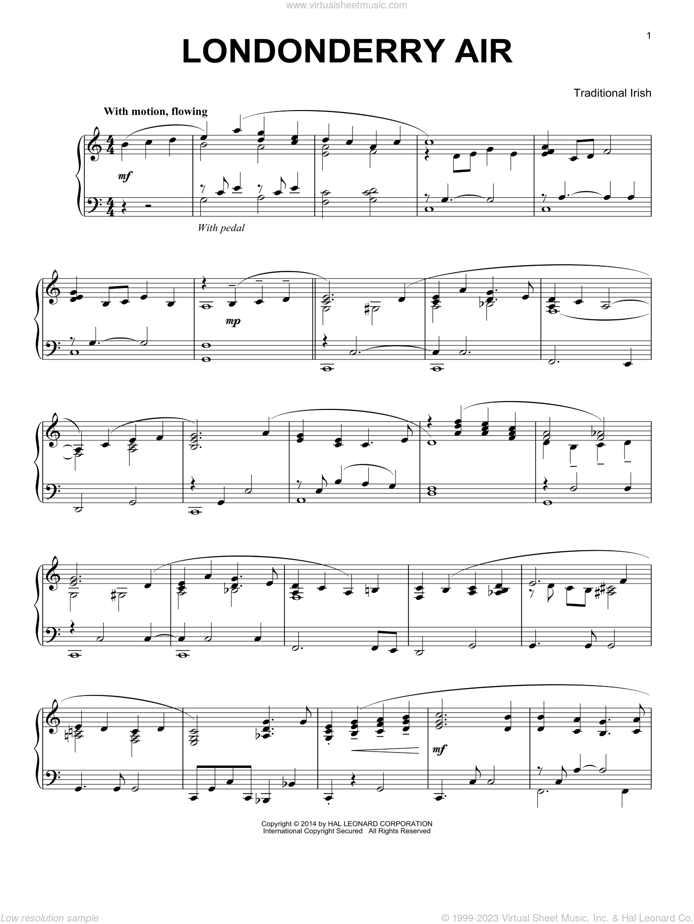 Traditional Irish Londonderry Air sheet music for piano solo