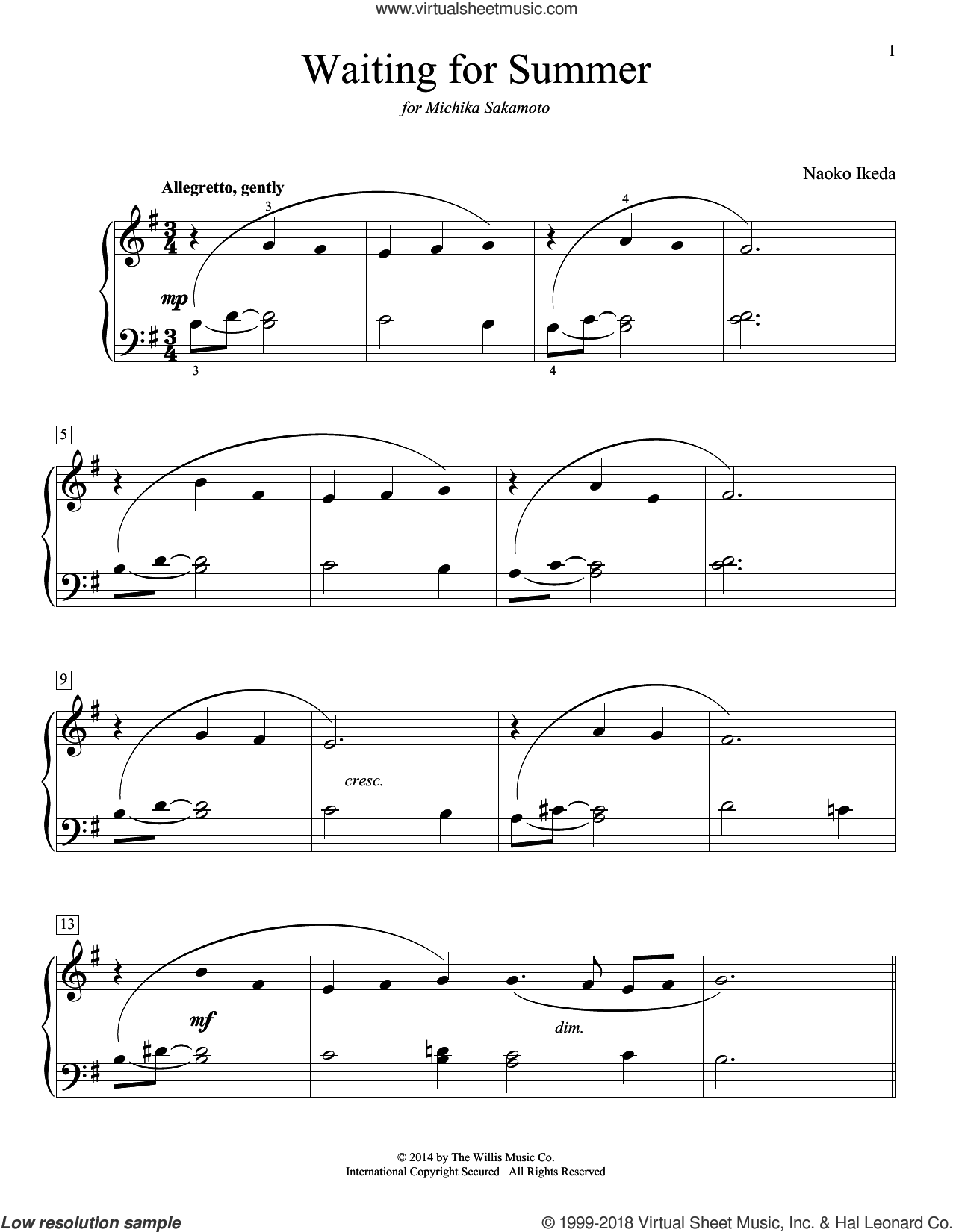 Waiting For Summer sheet music for piano solo (elementary) (PDF)