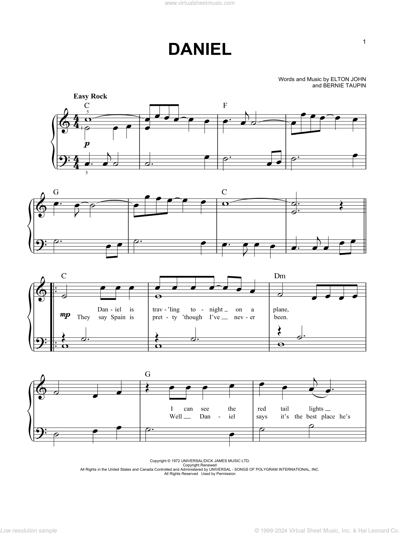 Daniel, (easy) sheet music for piano solo (PDF-interactive)