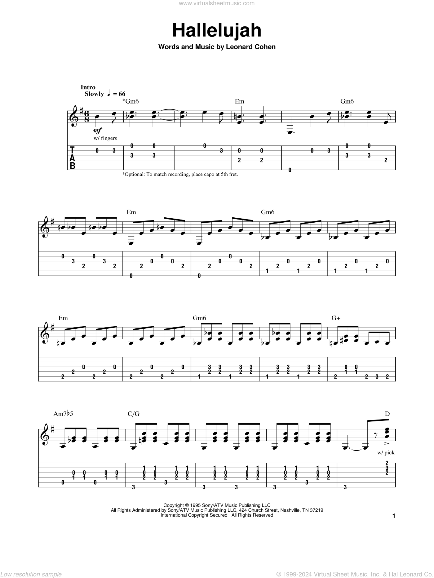 Hallelujah, (intermediate) sheet music for guitar solo (PDF)