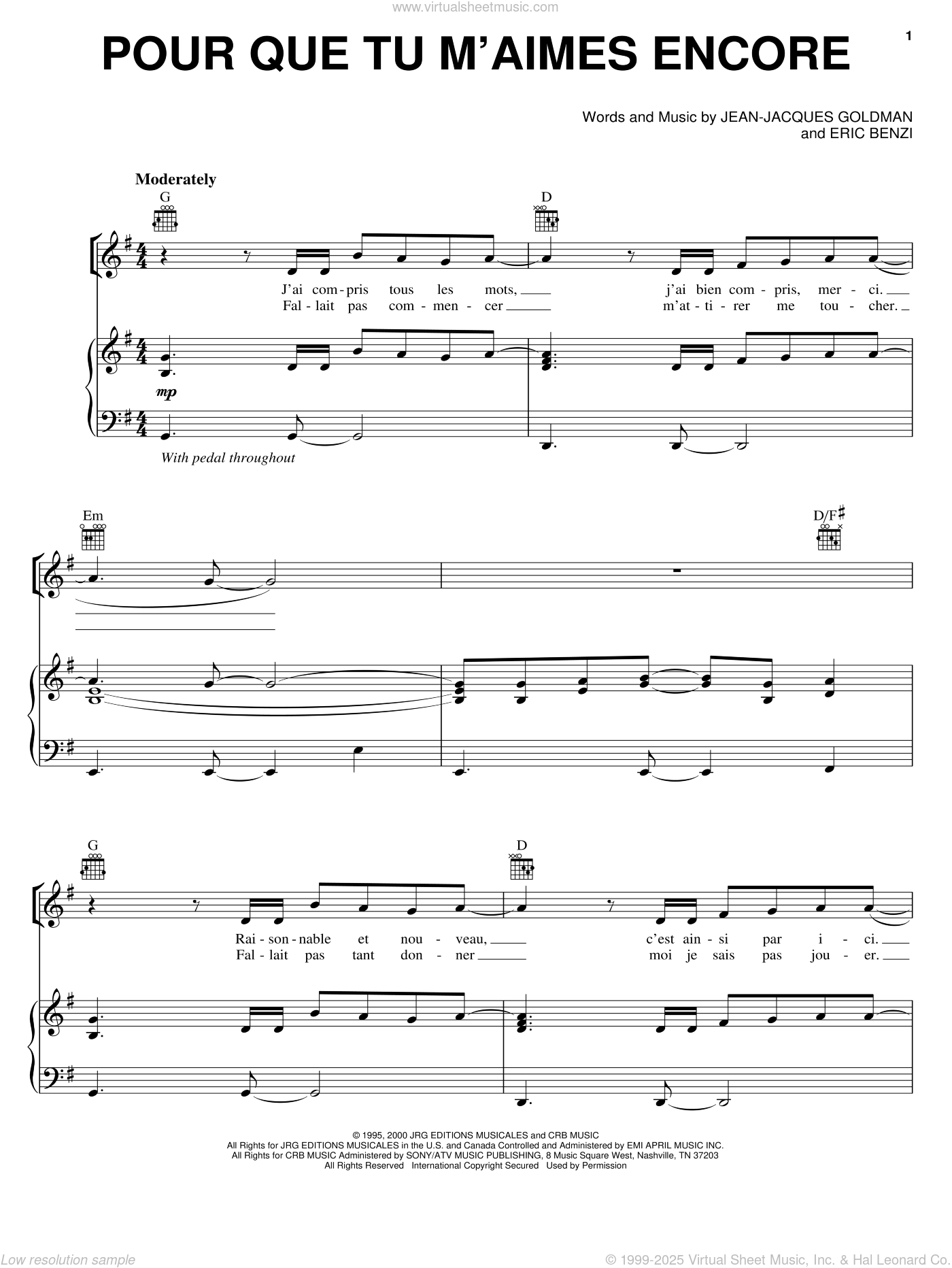 Pour Que Tu Maimes Encore sheet music for voice, piano or guitar