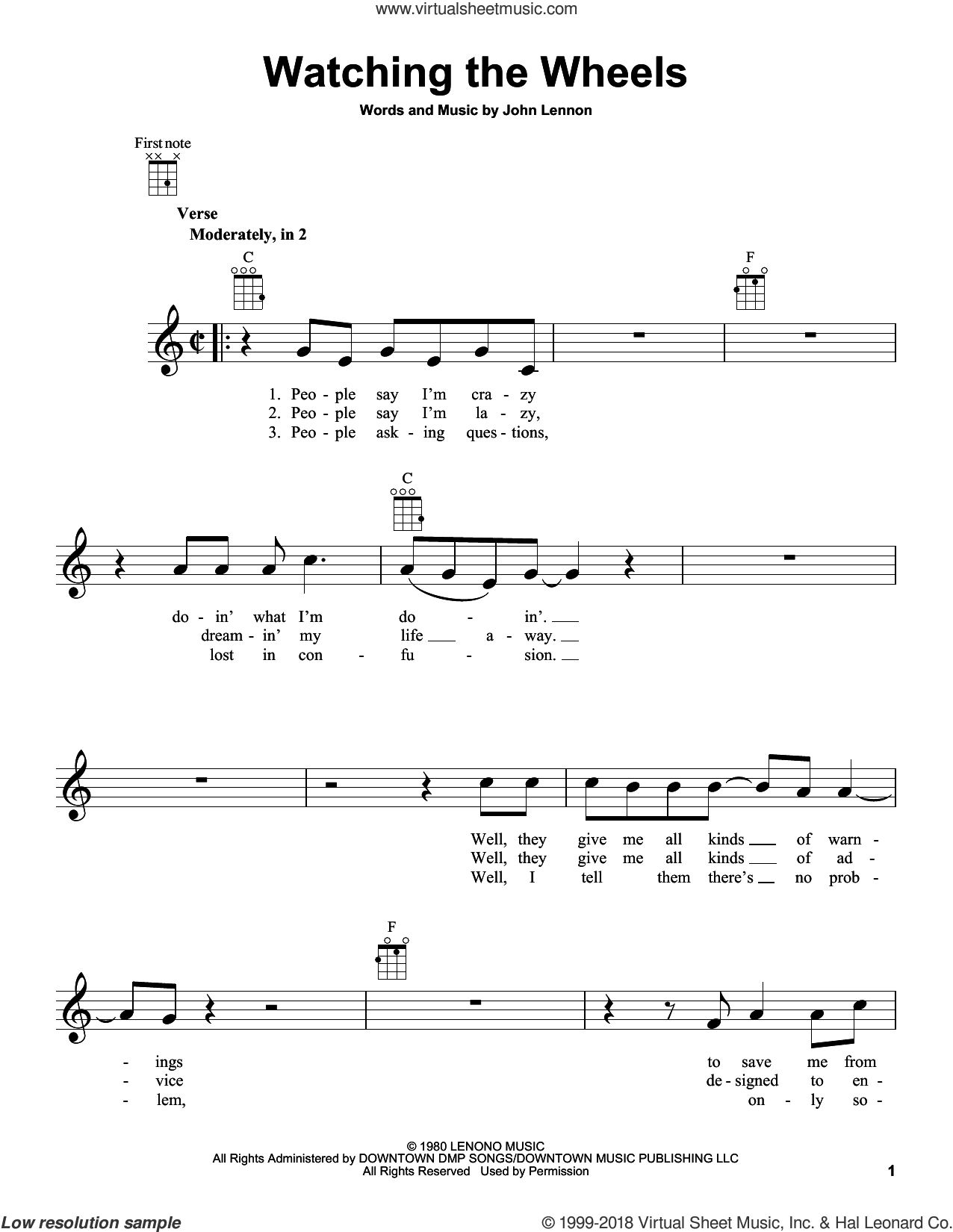 Watching The Wheels sheet music for ukulele (PDFinteractive)