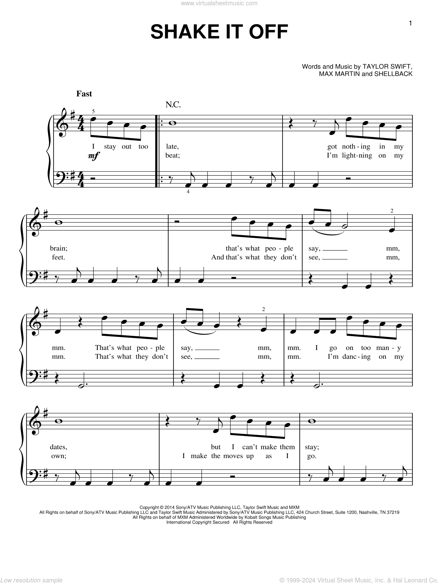 Shake It Off, (easy) sheet music for piano solo (PDF-interactive)